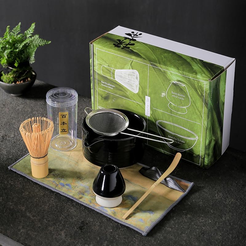 Japanese Matcha Tea Set of 7 Ceremony Matcha Kit with Matcha Bowl(Chawan) with Pouring Spout, Matcha Whisk (Chasen), Scoop (Chashaku), Ceramic Whisk Holder, Scoop Stand，Sifter,Tea Napkin Black - Image 7