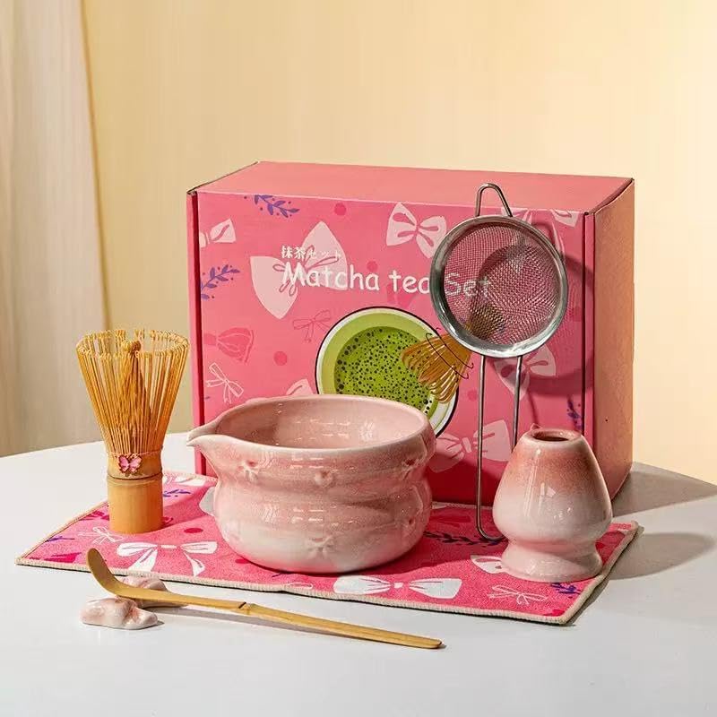 DWEHIXBUY Matcha Kit 7-Pcs matcha whisk set, Measuring Spoon, Japanese Tea Making Tools,Cha, tea bowl, pink matcha set (pink) by DWEHIXBUY