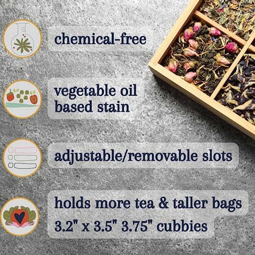 Bamboo Tea Organizer Box Chemical Free Eco-Friendly Big, Tall, Adjustable Cubbies Natural Wooden Storage Chest (4-Slot Square 7.4" x 8.1" x 4.2" with Tea Leaf Design) - Image 2
