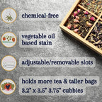 Bamboo Tea Organizer Box Chemical Free Eco-Friendly Big, Tall, Adjustable Cubbies Natural Wooden Storage Chest (4-Slot Square 7.4" x 8.1" x 4.2" with Tea Leaf Design) - Image 2