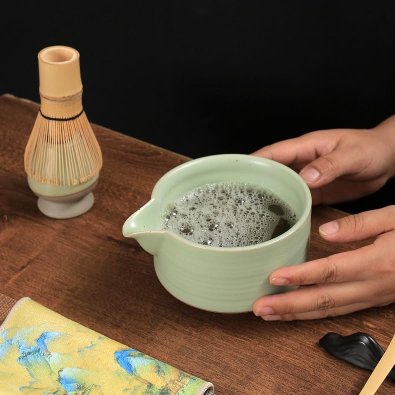 Japanese Matcha Tea Set of 7 Ceremony Matcha Kit with Matcha Bowl(Chawan) with Pouring Spout, Matcha Whisk (Chasen), Scoop (Chashaku), Ceramic Whisk Holder, Scoop Stand，Sifter,Tea Napkin Green - Image 5