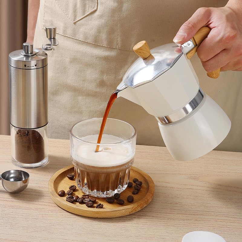 7-in-1 Moka Pot Espresso Set, Stovetop Coffee Maker with Hand Grinder Electric Stove Spoon Sealing Canister Italian Moka Pot Espresso Maker for Holiday Gifts Travel Family Gatherings (White) - Image 5