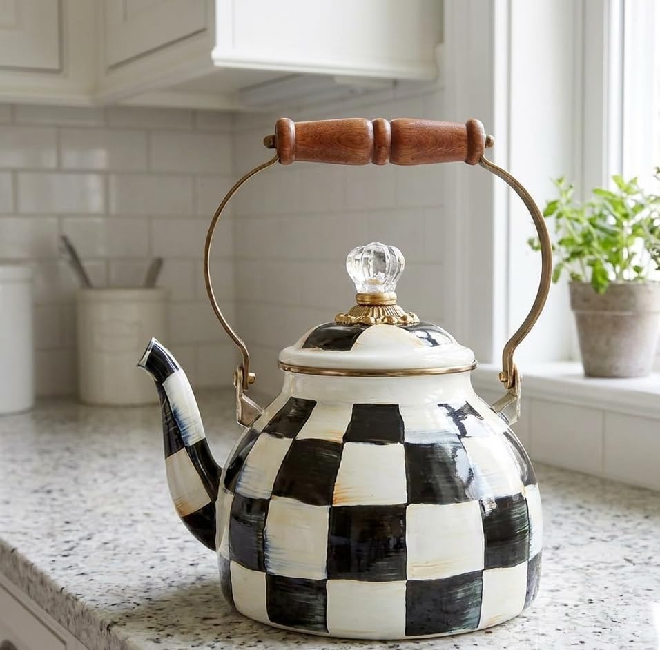 Checkered Tea Kettle for Checkered Kitchen Decor - Black and White Tea Kettle for Stovetop - Stylish Enamel Teapot with Wooden Handle - Vintage Classic Teapot with Elegant Lid & Knob- 2.5 Quart - Image 6