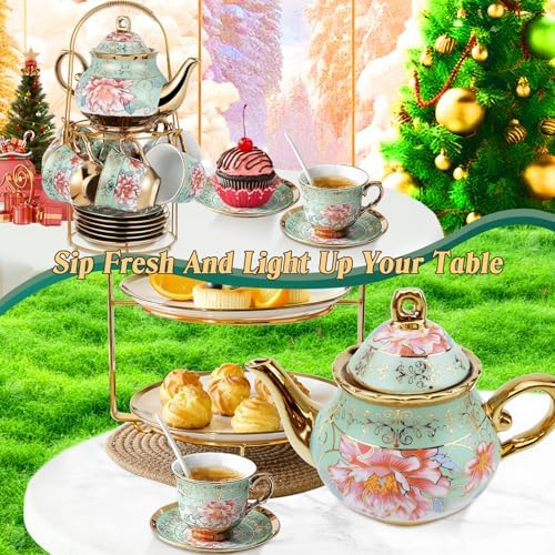 20Pcs Porcelain Tea Set for Adults, European Ceramic Tea Set Flower Ceramic Tea Cups (5.4oz), Teapot (23.67oz), & Saucers with Metal Holder for Women Tea Party (Green) - Image 6