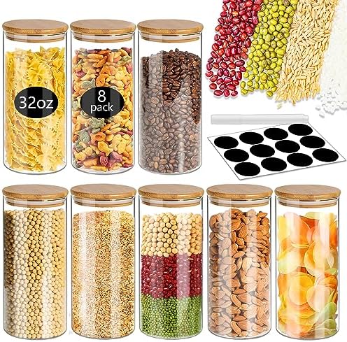 SLifeJars-32 oz Glass Jars with Bamboo Lids 8 pcs Glass Food Storage Containers with Airtight Bamboo Lids, Glass Canisters Stackable Kitchen Pantry bamboo lid for Coffee Beans, Rice, Sugar and More by LockinGoodnessSimplifyYou
