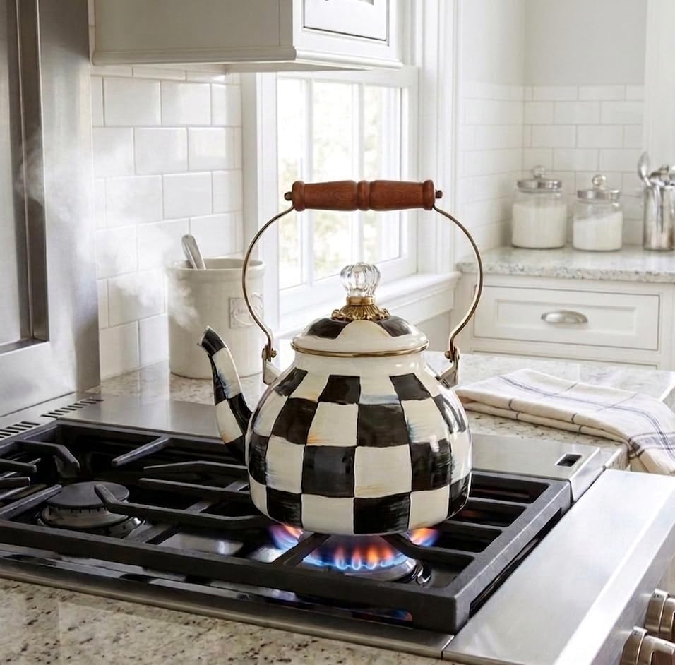 Checkered Tea Kettle for Checkered Kitchen Decor - Black and White Tea Kettle for Stovetop - Stylish Enamel Teapot with Wooden Handle - Vintage Classic Teapot with Elegant Lid & Knob- 2.5 Quart - Image 2