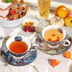 Floral Tea Cups Saucers Set of 2, Bone China 7 oz British Teacups Porcelain Coffee Cup for Rose Tea Cappuccino Espresso Latte (Apricot & Peach Blossom) - Image 4