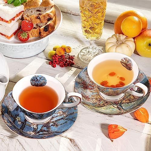Floral Tea Cups Saucers Set of 2, Bone China 7 oz British Teacups Porcelain Coffee Cup for Rose Tea Cappuccino Espresso Latte (Apricot & Peach Blossom) - Image 4
