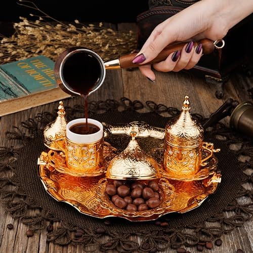 DEMMEX Turkish Greek Arabic Coffee Making and Serving Full Set with Cups Saucers Lids Sugar Bowl Tray and Copper Coffee Pot, 12 Pcs, Gold - Image 3