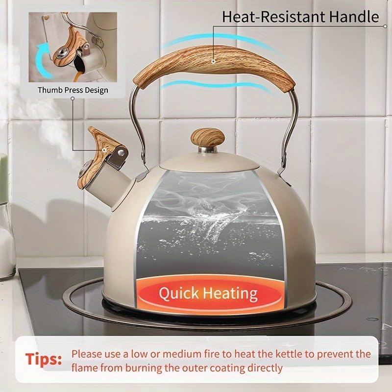 Stove Top Kettle, 2.5 Quart Whistling Kettle for Gas Hob with Wood Pattern Handle Loud Whistle Food Grade Stainless Steel, Anti-Hot Handle and Anti-Rust, Suitable for All Heat Sources - Image 4