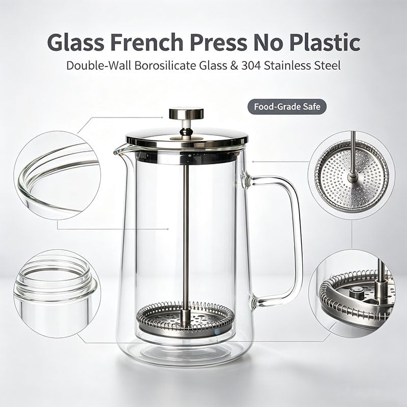 Glass French Press Coffee Maker 34oz, Embedded Dried Flower Double Wall Borosilicate Coffee Press, No Plastic, 4-Level Stainless Steel Filter for Tea & Cold Brew, Cute Decorative Design - Image 3