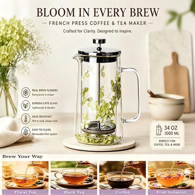 Glass French Press Coffee Maker 34oz - Embedded Dried Flower Borosilicate Coffee Press, No Plastic, Stainless Steel Filter for Tea, Cute Decorative Gift - Image 5