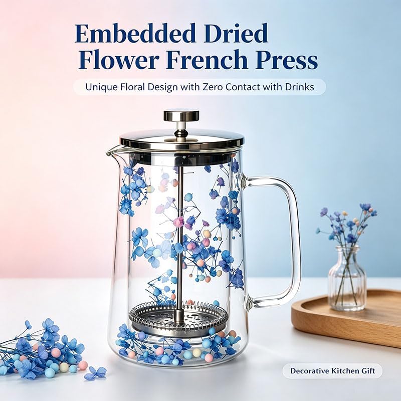 Glass French Press Coffee Maker 34oz - Embedded Dried Flower Borosilicate Coffee Press, No Plastic, Stainless Steel Filter for Tea, Cute Decorative Gift - Image 3
