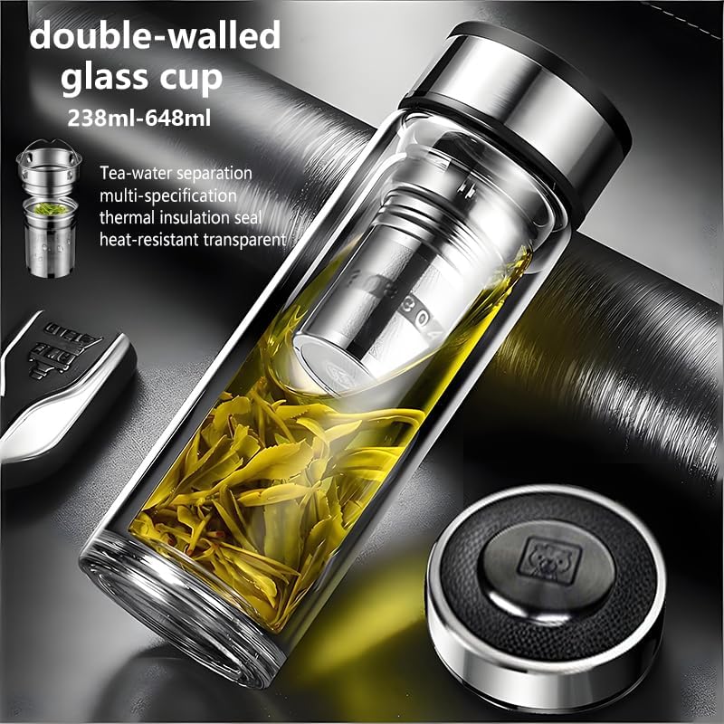 648ml/21.9oz Heat-resistant thick double-layer glass cup with lid, tea and water separation cup, filtered boiling water drinking bottle, transparent sealed milk and coffee cup - Image 2