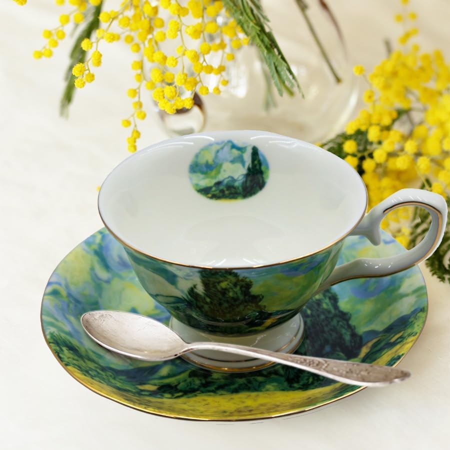 Floral Tea Cups Saucers Set of 2, Bone China 7 oz British Teacups Porcelain Coffee Cup for Rose Tea Cappuccino Espresso Latte (Starry Sky & Wheat Field) - Image 4