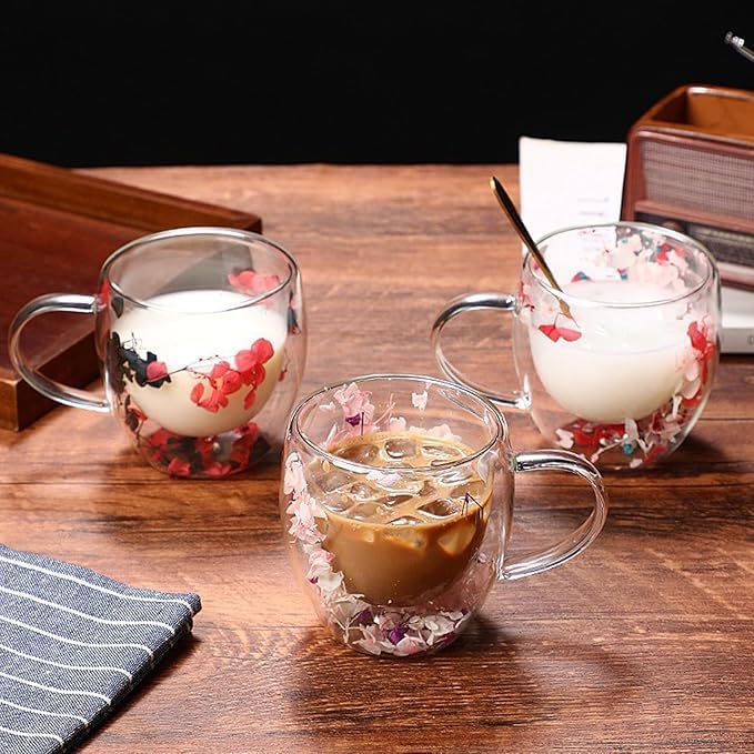 Double Wall Glass Coffee Mugs with Handle – Set of 2, 250ml Clear Flower Design Tea Cups | Insulated Glass Mugs for Hot & Cold Beverages, Cappuccino, Latte, Espresso, Tea (Red & Pink) - Image 2
