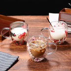 Double Wall Glass Coffee Mugs with Handle – Set of 2, 250ml Clear Flower Design Tea Cups | Insulated Glass Mugs for Hot & Cold Beverages, Cappuccino, Latte, Espresso, Tea (Red & Pink) - Image 2