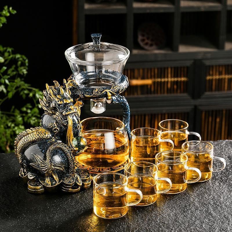 Glass Teapot Set with Infuser Semi Automatic Dragon Tea Set with 6 Small Cups (Blue golden dragon) - Image 2